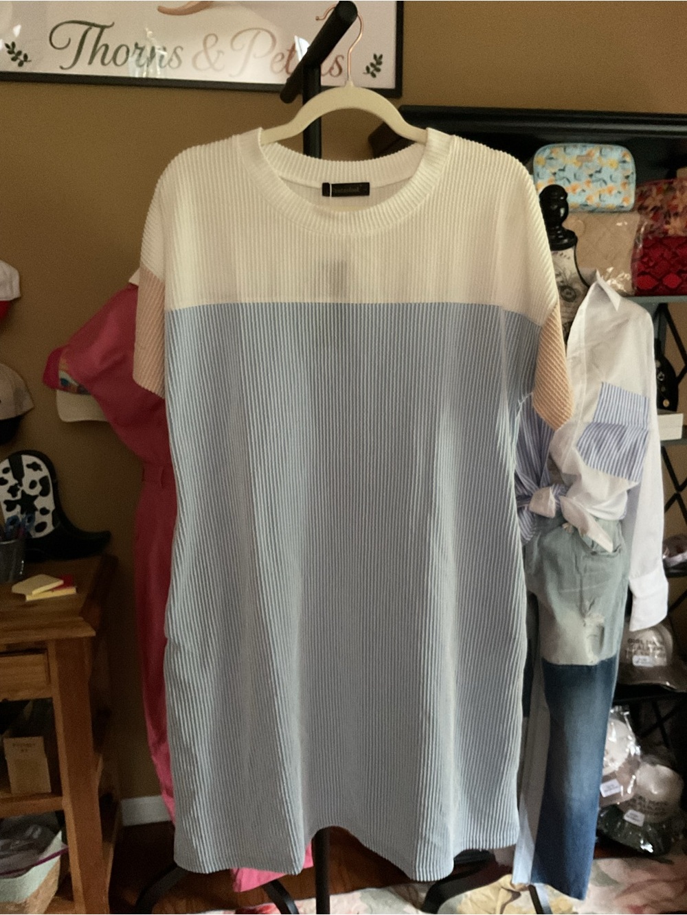 Colorblock Midi Dress in White, Light Blue & Cream